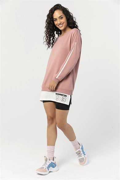 Kadın Çift Görünümlü Kolu Şeritli Bisiklet Yaka Uzun Sweatshirt
