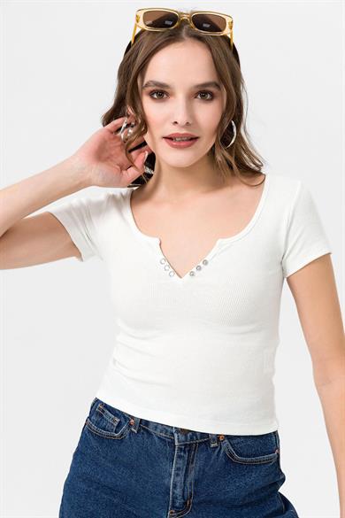 Kadın Çıtçıtlı Kaşkorse Crop Bluz