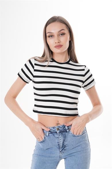 Kadın Çizgi Desenli Bisiklet Yaka Crop 260424 -