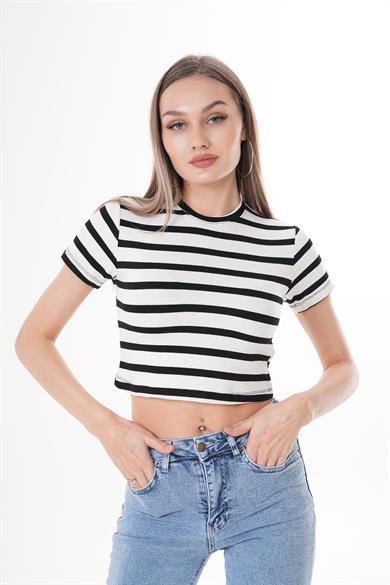 Kadın Çizgi Desenli Bisiklet Yaka Crop 260424 -