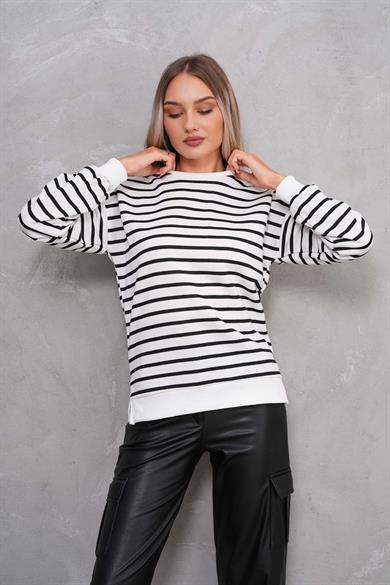Kadın Çizgi Desenli Bisiklet Yaka Yırtmaç Detaylı İki İplik Sweatshirt 245092 -