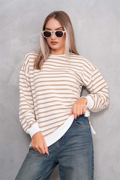 Kadın Çizgi Desenli Bisiklet Yaka Yırtmaç Detaylı İki İplik Sweatshirt 245092 -