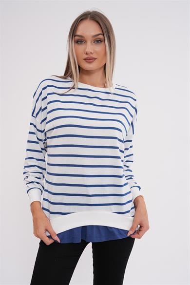 Kadın Çizgi Desenli Çift Görünüm Detaylı Bisiklet Yaka İki İplik Sweatshirt 245243 -