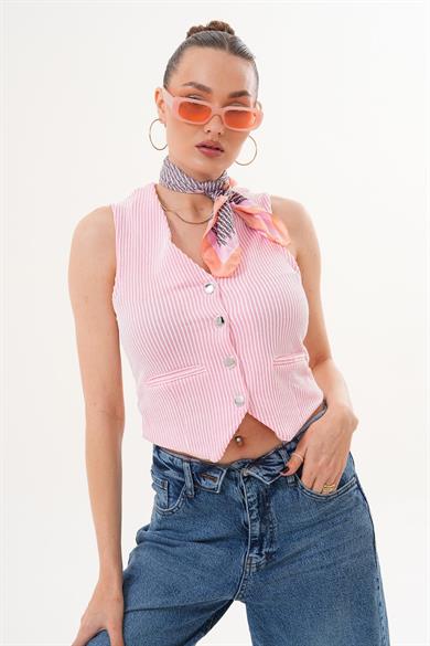 Kadın Çizgi Desenli Düğme Kapamalı Cep Detaylı Yelek 260090 -
