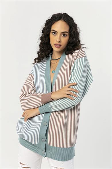 Kadın Çizgi Desenli Düğmeli Oversize Mevsimlik Hırka