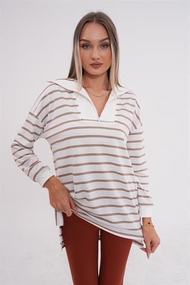 Kadın Çizgi Desenli Fermuar Detaylı İki İplik Sweatshirt 245272 -