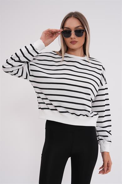 Kadın Çizgi Desenli İki İplik Kısa Sweatshirt 245265 -