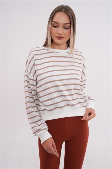 Kadın Çizgi Desenli İki İplik Kısa Sweatshirt 245265 -