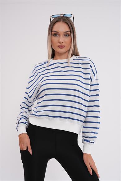 Kadın Çizgi Desenli İki İplik Kısa Sweatshirt 245265 -