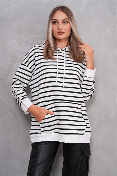 Kadın Çizgi Desenli Kanguru Cepli Kapüşonlu İki İplik Oversize Sweatshirt 245124 -