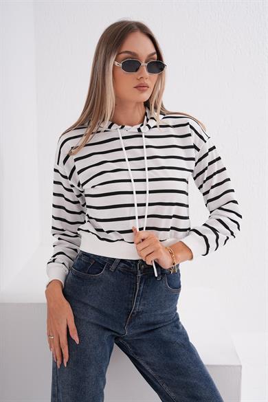 Kadın Çizgi Desenli Kapüşonlu Kısa Sweatshirt 245214 -