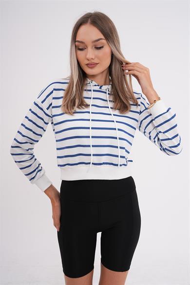 Kadın Çizgi Desenli Kapüşonlu Kısa Sweatshirt 245214 -