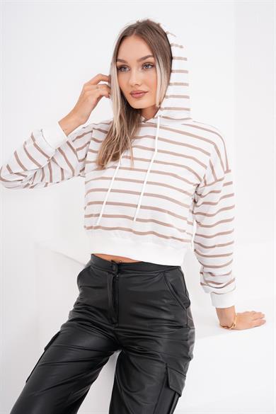 Kadın Çizgi Desenli Kapüşonlu Kısa Sweatshirt 245214 -