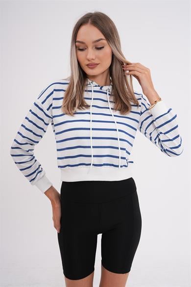 Kadın Çizgi Desenli Kapüşonlu Kısa Sweatshirt 245214 -