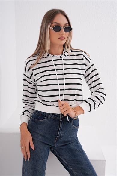 Kadın Çizgi Desenli Kapüşonlu Kısa Sweatshirt 245214 -