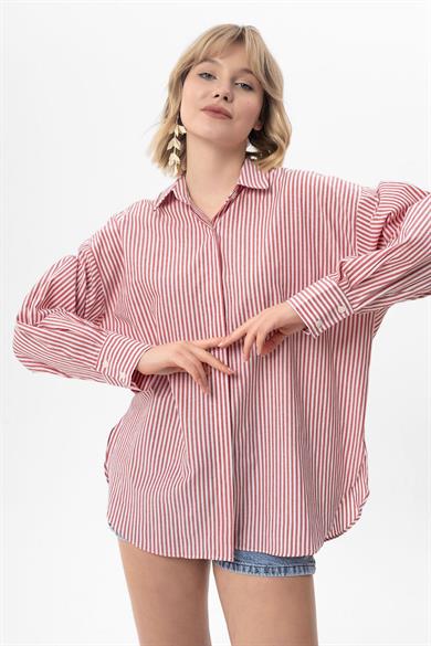 Kadın Çizgi Desenli Oversize Gömlek
