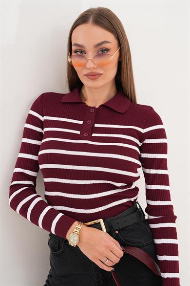 Kadın Çizgi Desenli Polo Yaka Kazak 255095 -