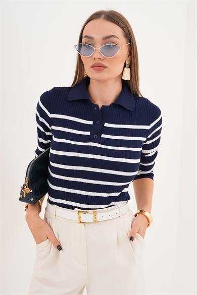 Kadın Çizgi Desenli Polo Yaka Kazak 255095 -