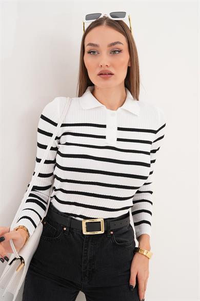 Kadın Çizgi Desenli Polo Yaka Kazak 255095 -