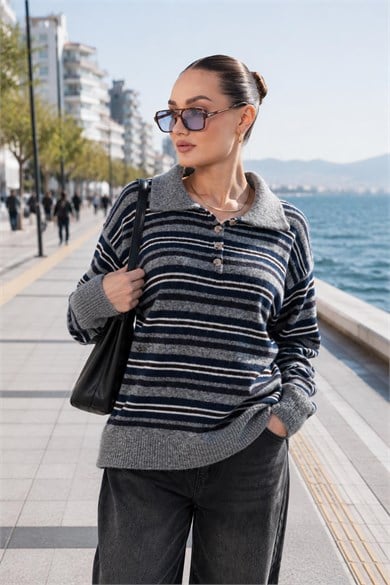 Kadın Çizgi Desenli Polo Yaka Triko Örme Kazak 265303 -