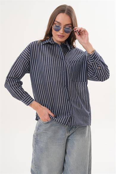 Kadın Çizgi Desenli Tek Cepli Oversize Gömlek 260332 -