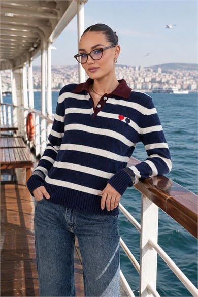 Kadın Çizgi Desenli Yakalı Düğme Detaylı Triko Örme Kazak 265230 -