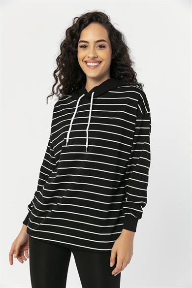Kadın Çizgi Detatlı Kapüşonlu Oversize Sweatshirt