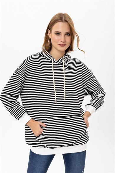Kadın Çizgi Detaylı Kapüşonlu Oversize Sweatshirt