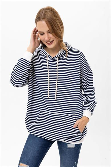Kadın Çizgi Detaylı Kapüşonlu Oversize Sweatshirt