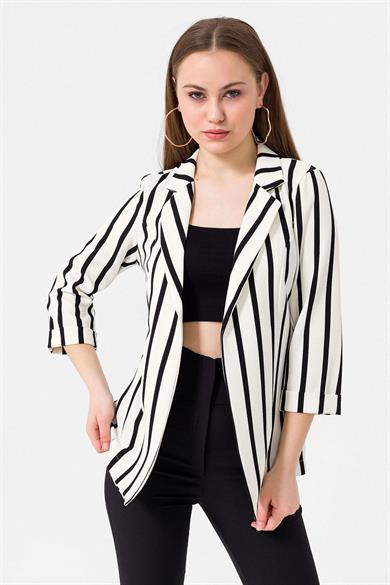 Kadın Çizgi Detaylı Önü Açık Dirsek Kol Blazer Ceket