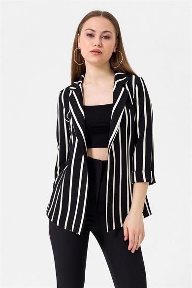 Kadın Çizgi Detaylı Önü Açık Dirsek Kol Blazer Ceket
