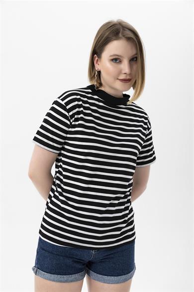 Kadın Çizgi Detaylı Oversize Tişört