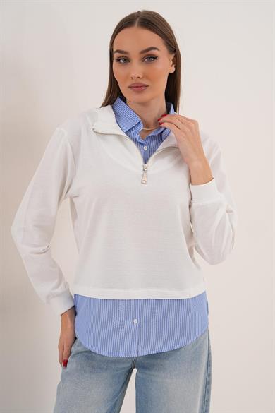 Kadın Çizgili Gömlek Yakalı Fermuar Detaylı Sweatshirt 255452 -