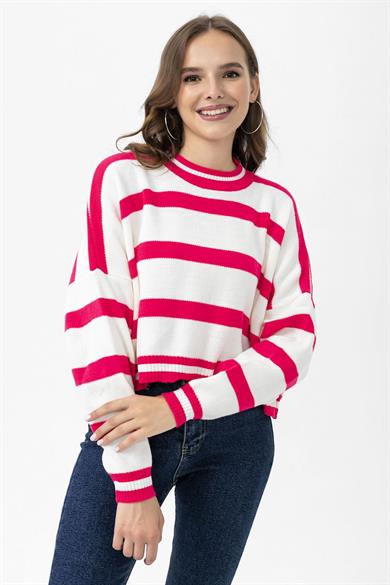 Kadın Çizgili Oversize Crop Triko Kazak 245176 -