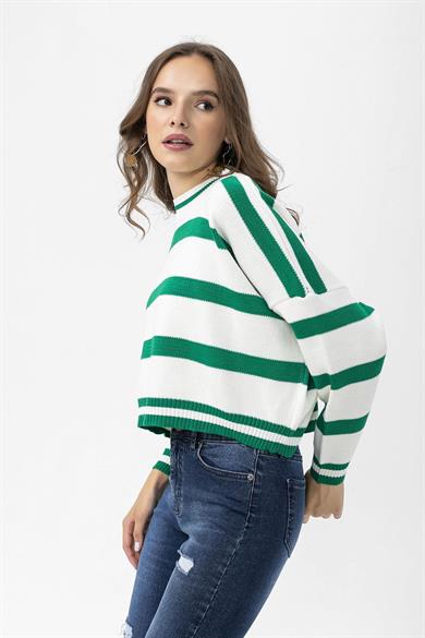 Kadın Çizgili Oversize Crop Triko Kazak 245176 -