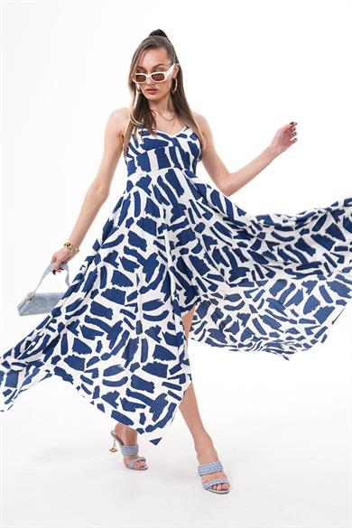 Kadın Desenli Eteği Asimetrik Kesim Askılı Elbise 250433 -