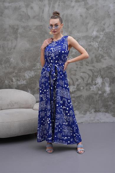 Kadın Desenli Kolsuz Kuşaklı Tulum 250587 -