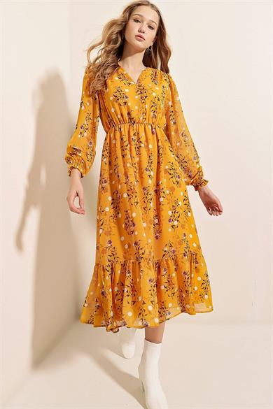 Kadın Desenli Şifon Elbise