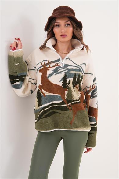Kadın Desenli Yakası Fermuar Detaylı Peluş Sweat 255467 -