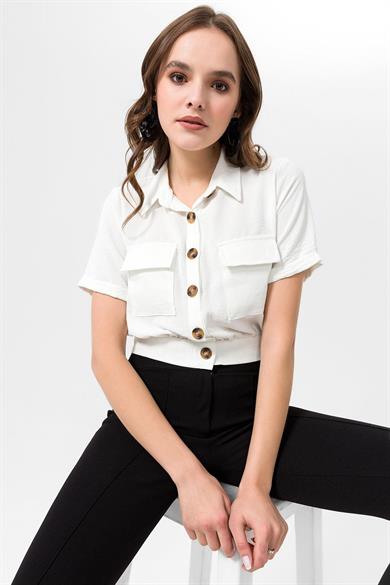 Kadın Düğme Kapamalı Kısa Kol Bluz