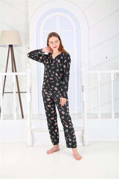 Kadın Düğmeli Uzun Kol Pamuklu Likralı Pijama Takım