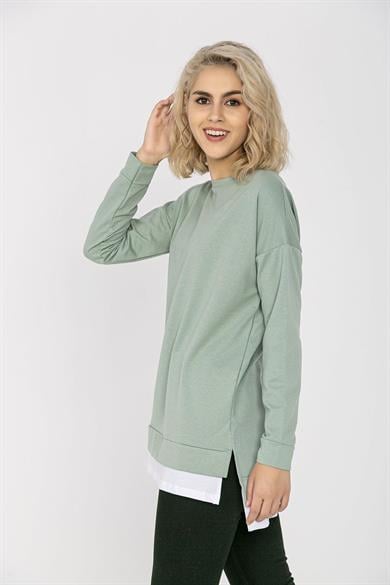 Kadın Eteği Çift Görünüm Detaylı Bisiklet Yaka Sweatshirt
