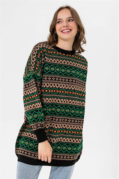 Kadın Etnik Desen Triko Örme Oversize Tunik