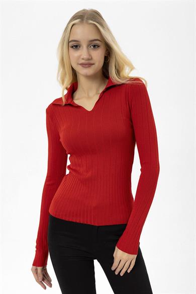 Kadın Fitilli Polo Yaka Kazak 245011 -