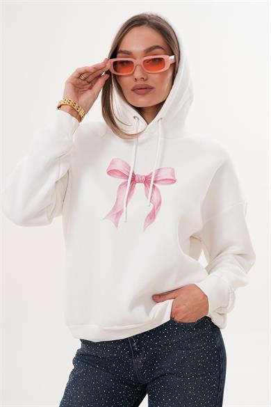 Kadın Fiyonk Baskılı Kapüşonlu Üç İplik Sweatshirt 255390 -