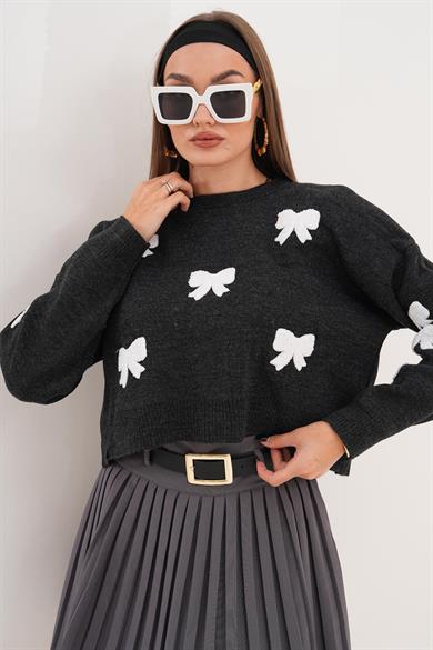 Kadın Fiyonk Desenli Triko Örme Oversize Kazak 255191 -