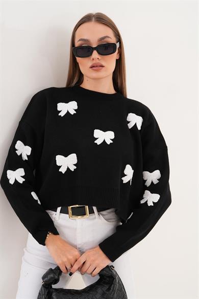 Kadın Fiyonk Desenli Triko Örme Oversize Kazak 255191 -