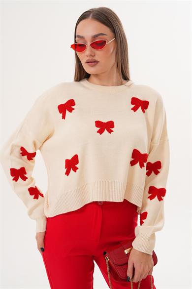Kadın Fiyonk Desenli Triko Örme Oversize Kazak 255191 -