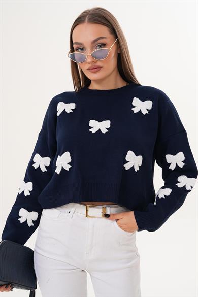 Kadın Fiyonk Desenli Triko Örme Oversize Kazak 255191 -