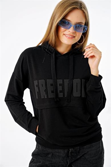 Kadın Freedom Baskılı Cepli Kapüşonlu Sweatshirt
